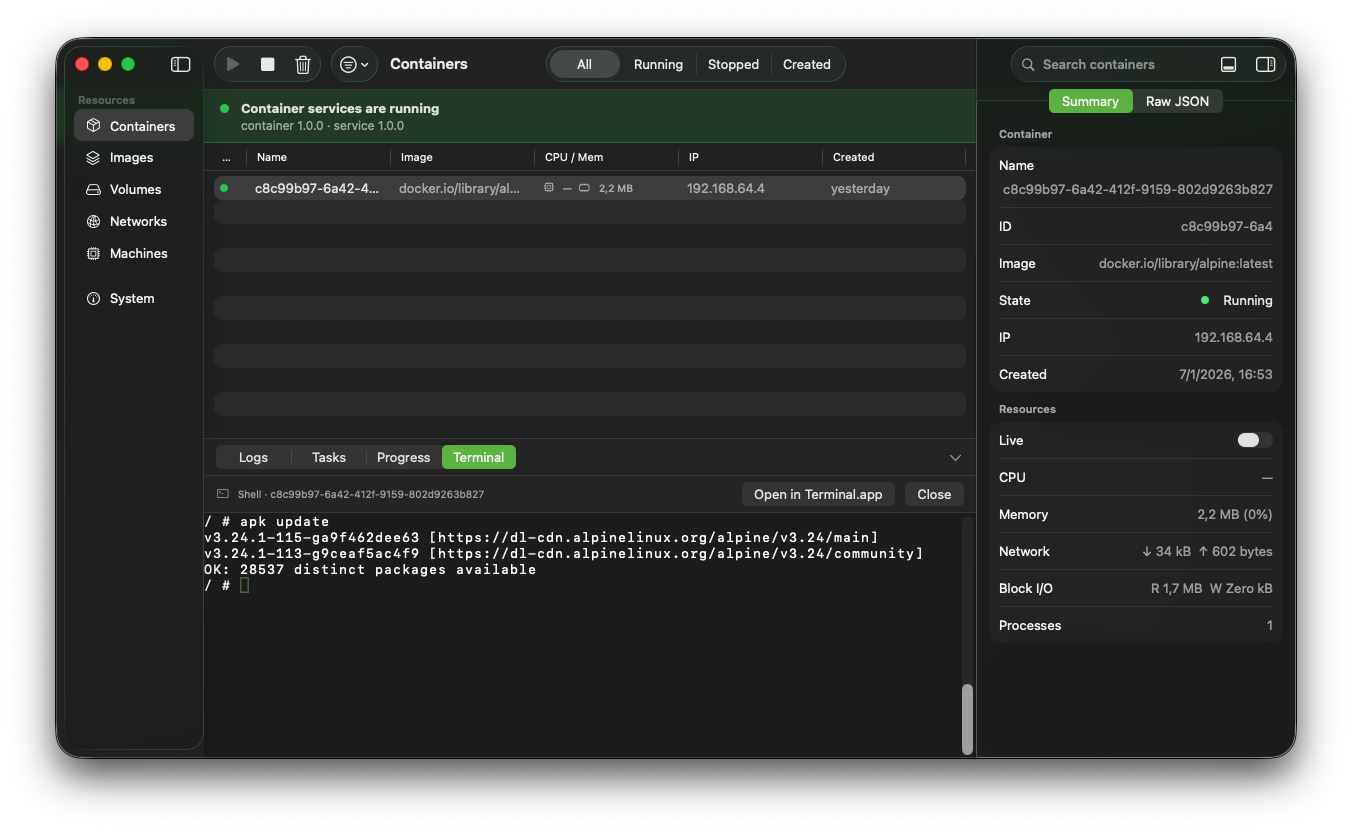 Capsule with the embedded terminal running apk update inside a container while the inspector shows live CPU, memory, network and block-I/O metrics