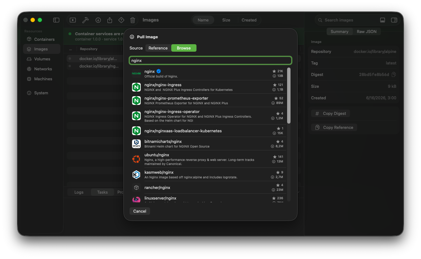 The Pull Image sheet browsing Docker Hub for nginx, listing official and community images with stars and pull counts