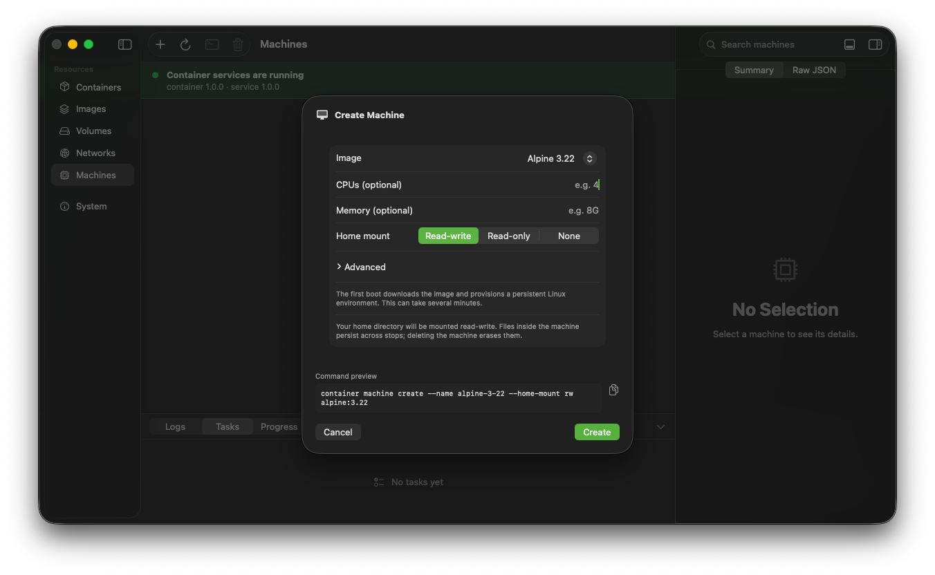 The Create Machine sheet showing options and a live container-machine command preview
