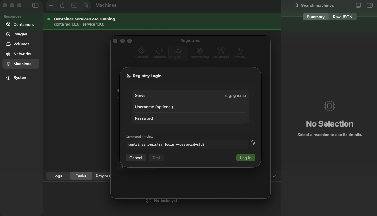 The Registry Login sheet with a command preview using container registry login --password-stdin