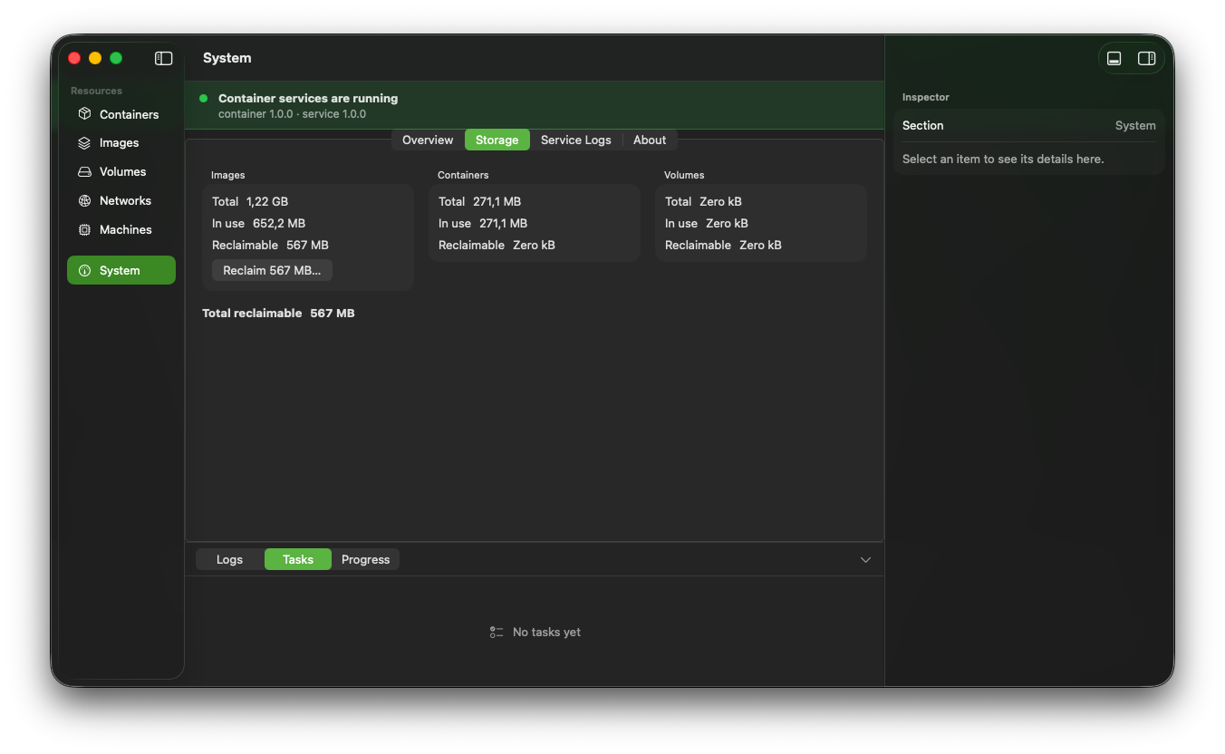 The System Storage dashboard showing reclaimable space for images, containers and volumes side by side